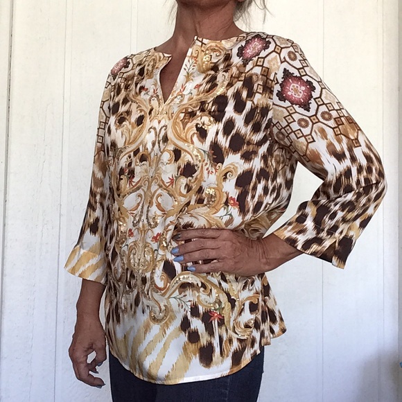 CHICOS SCROLL PATTERNED GOLD EMBELLISHED SILKY TUNIC SMALL - Picture 6 of 16
